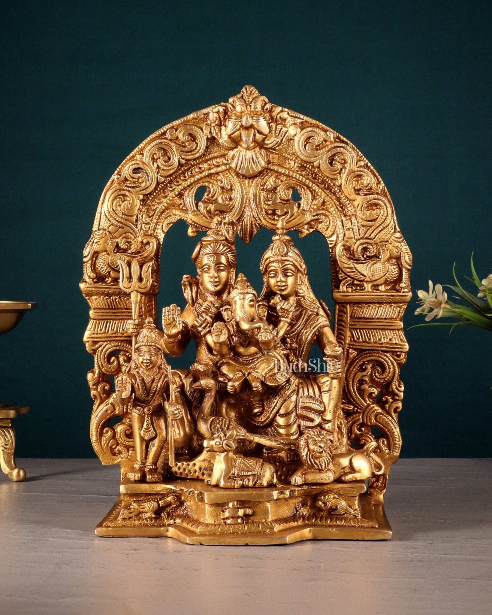 Pure Brass Lord Shiva Parivar with Arch 9" - Budhshiv.com