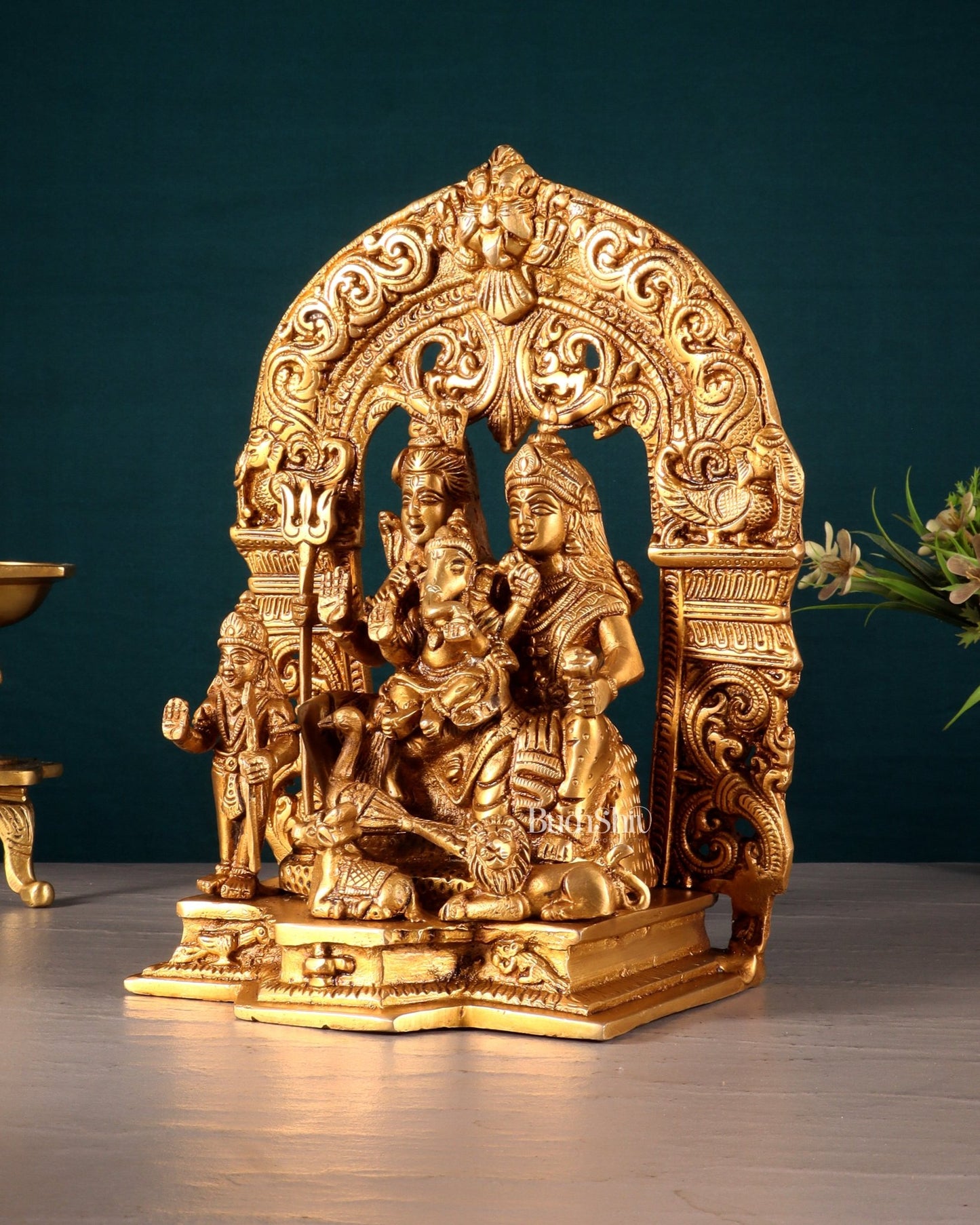 Pure Brass Lord Shiva Parivar with Arch 9" - Budhshiv.com