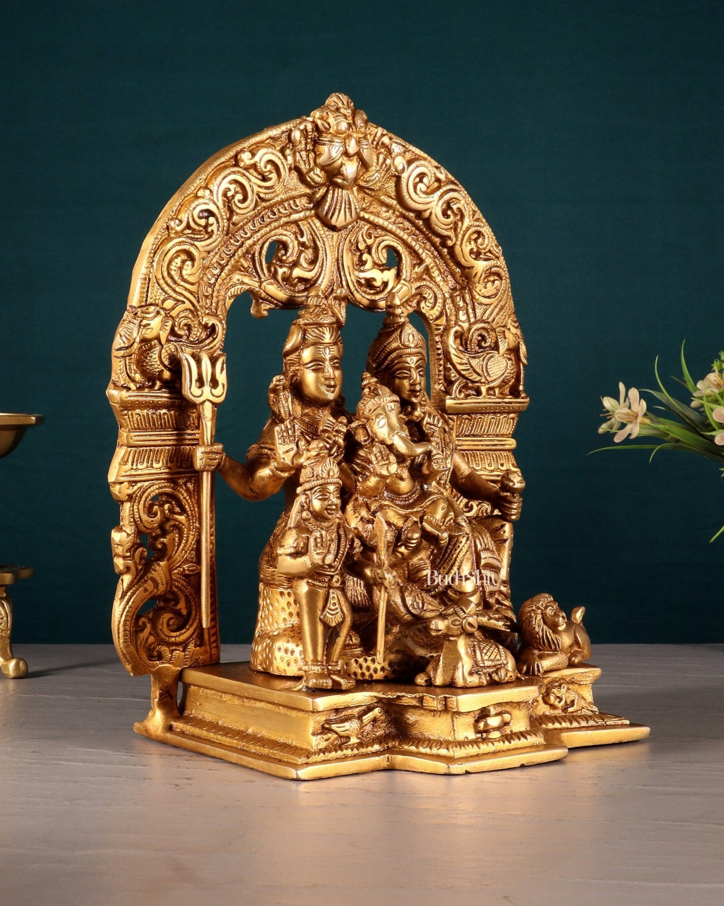 Pure Brass Lord Shiva Parivar with Arch 9" - Budhshiv.com