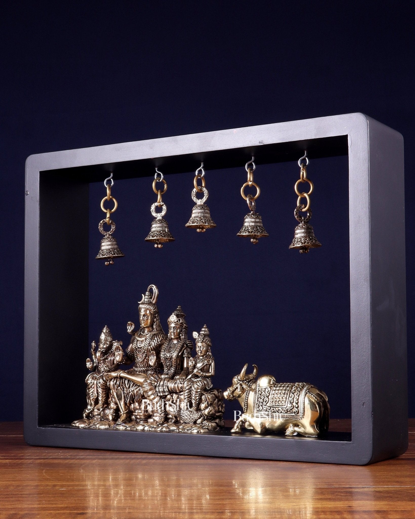Pure Brass Lord Shiva Parivar with Nandi & Hanging Bells on MDF Frame – 11 Inch - Budhshiv.com