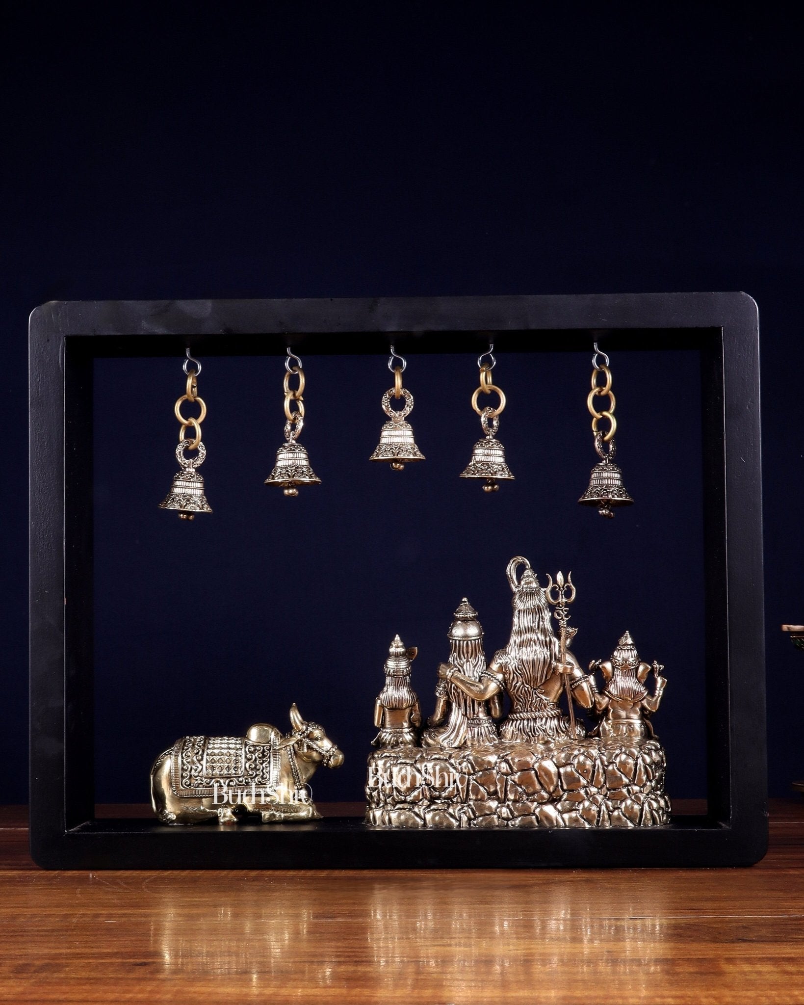 Pure Brass Lord Shiva Parivar with Nandi & Hanging Bells on MDF Frame – 11 Inch - Budhshiv.com