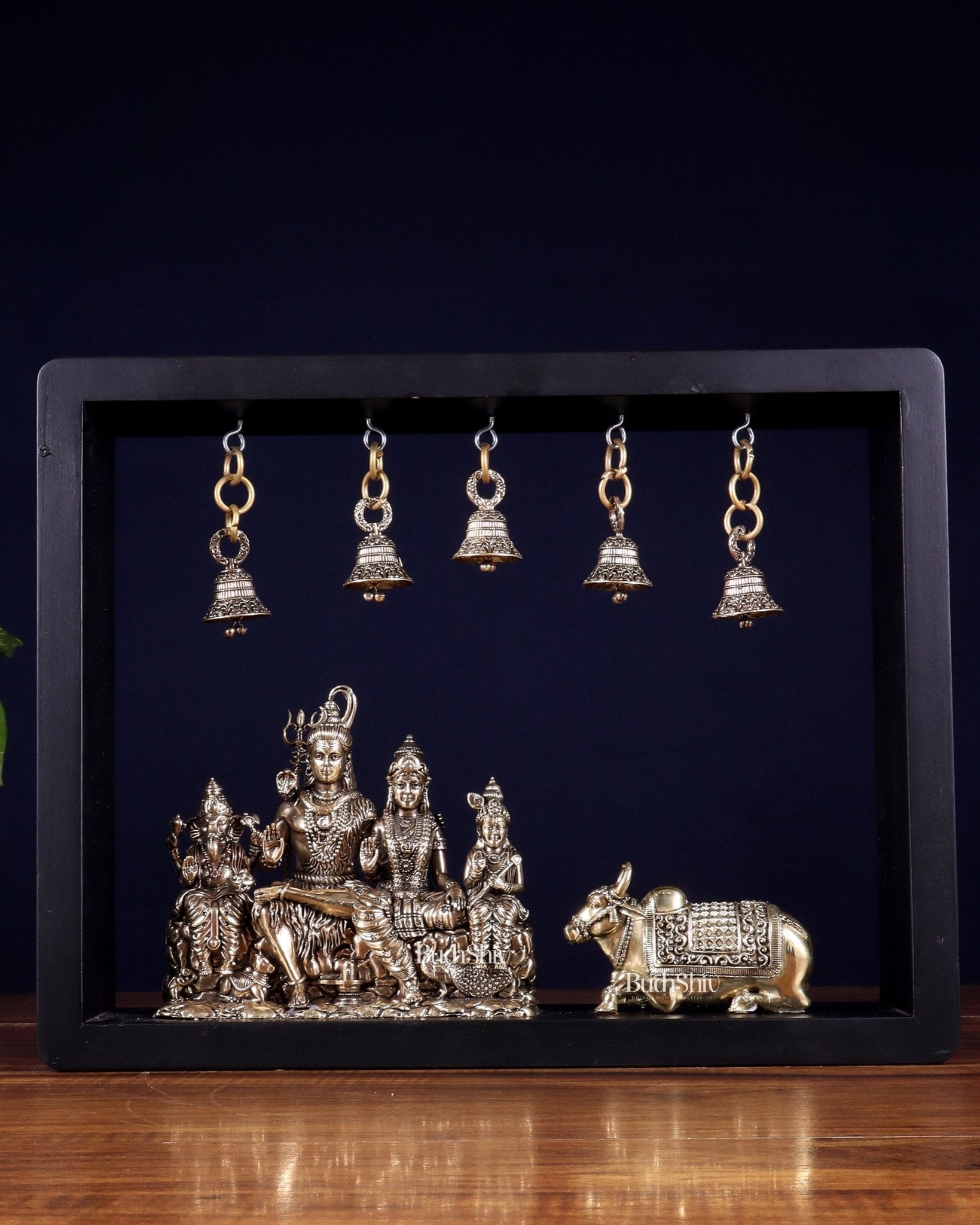 Pure Brass Lord Shiva Parivar with Nandi & Hanging Bells on MDF Frame – 11 Inch - Budhshiv.com
