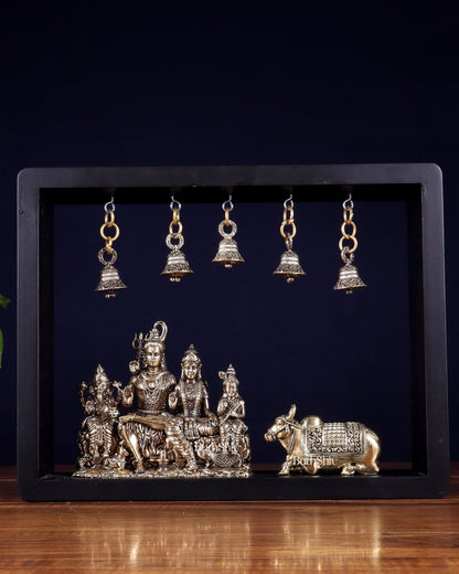 Pure Brass Lord Shiva Parivar with Nandi & Hanging Bells on MDF Frame – 11 Inch - Budhshiv.com