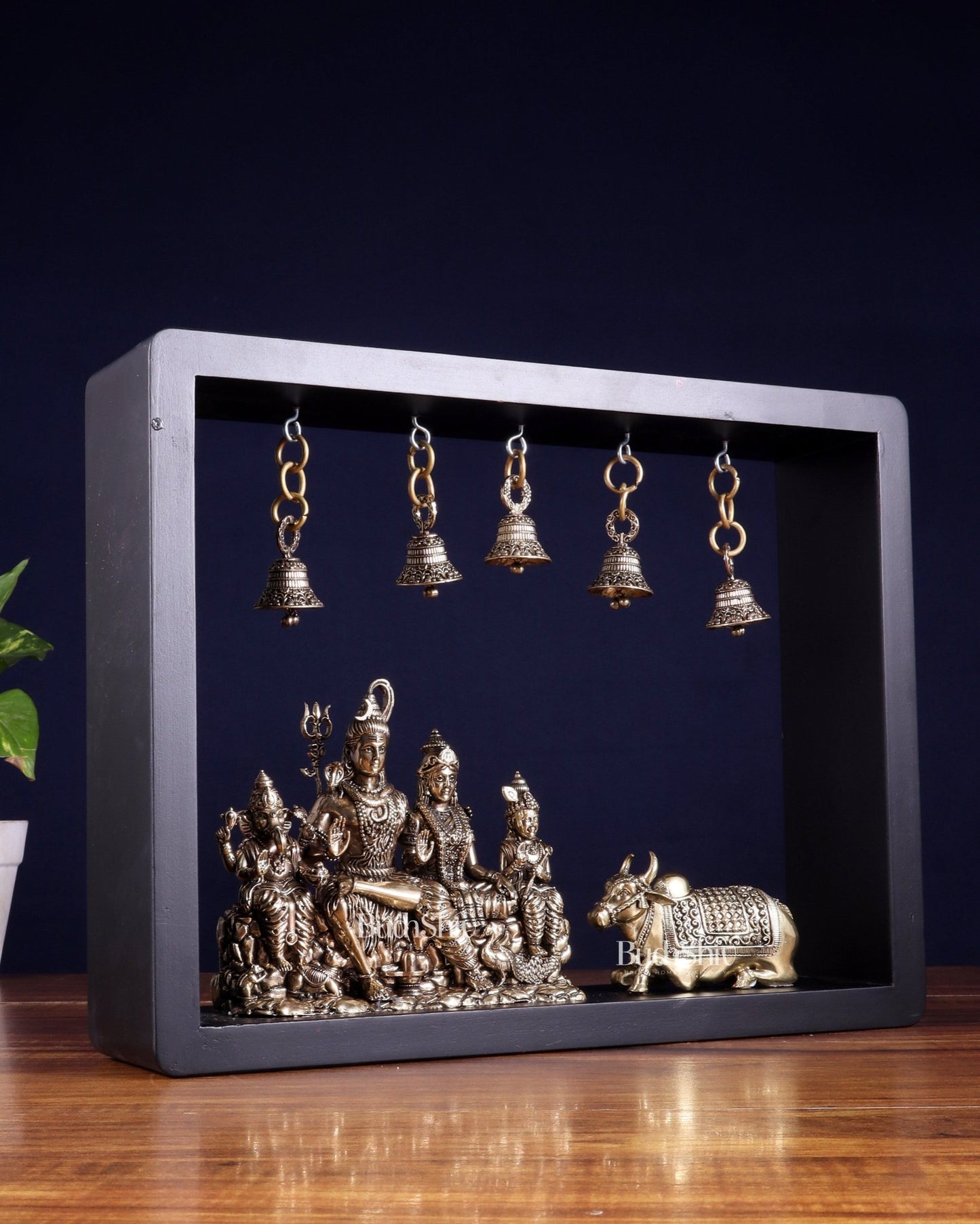 Pure Brass Lord Shiva Parivar with Nandi & Hanging Bells on MDF Frame – 11 Inch - Budhshiv.com