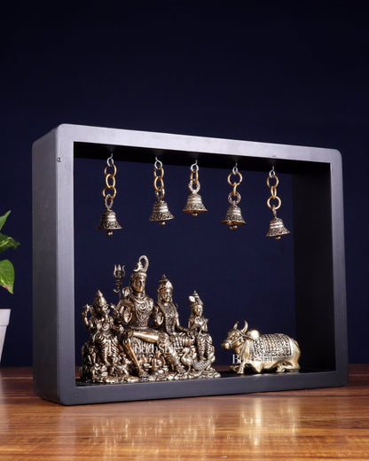 Pure Brass Lord Shiva Parivar with Nandi & Hanging Bells on MDF Frame – 11 Inch - Budhshiv.com