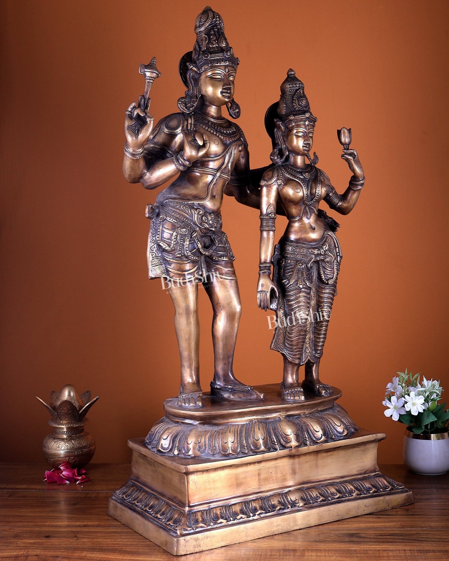 Pure Brass Lord Shiva & Parvati Standing Together – Large Divine Sculpture 36 inch - Budhshiv.com
