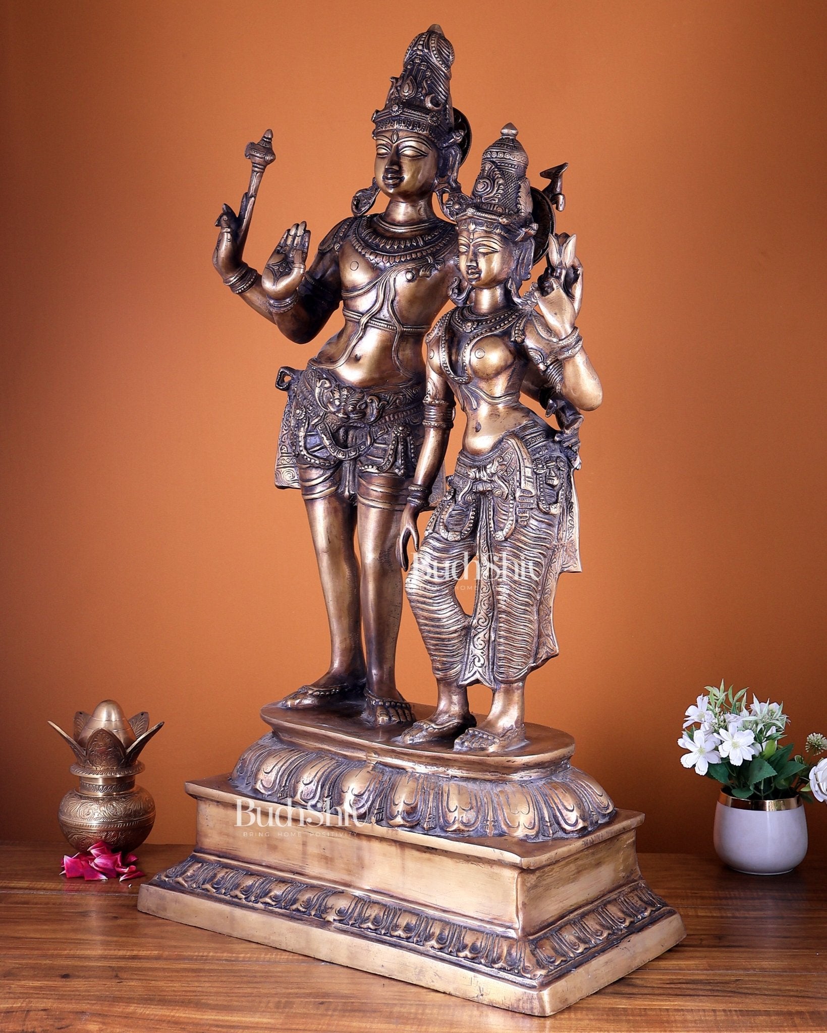 Pure Brass Lord Shiva & Parvati Standing Together – Large Divine Sculpture 36 inch - Budhshiv.com