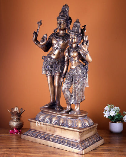 Pure Brass Lord Shiva & Parvati Standing Together – Large Divine Sculpture 36 inch - Budhshiv.com