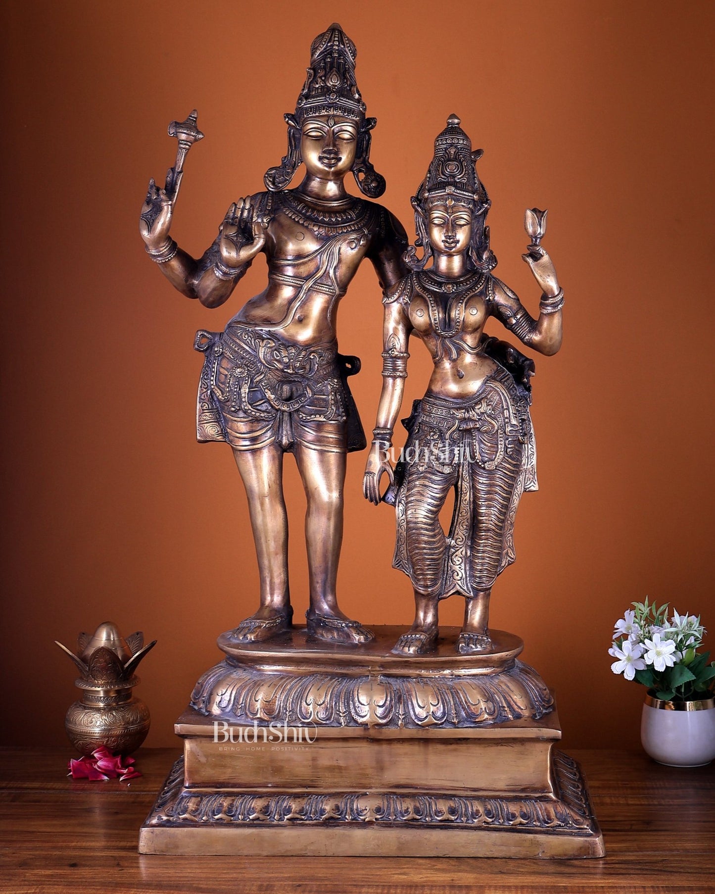 Pure Brass Lord Shiva & Parvati Standing Together – Large Divine Sculpture 36 inch - Budhshiv.com