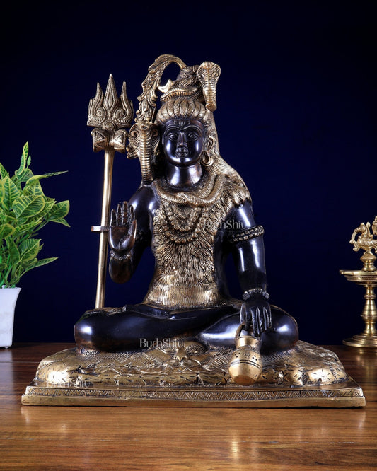 Pure Brass Lord Shiva Smiling Idol with Open Eyes 15" black gold - Budhshiv.com