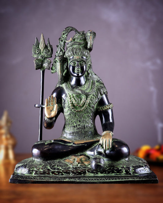 Pure Brass Lord Shiva Smiling Idol with Open Eyes 15" black green - Budhshiv.com