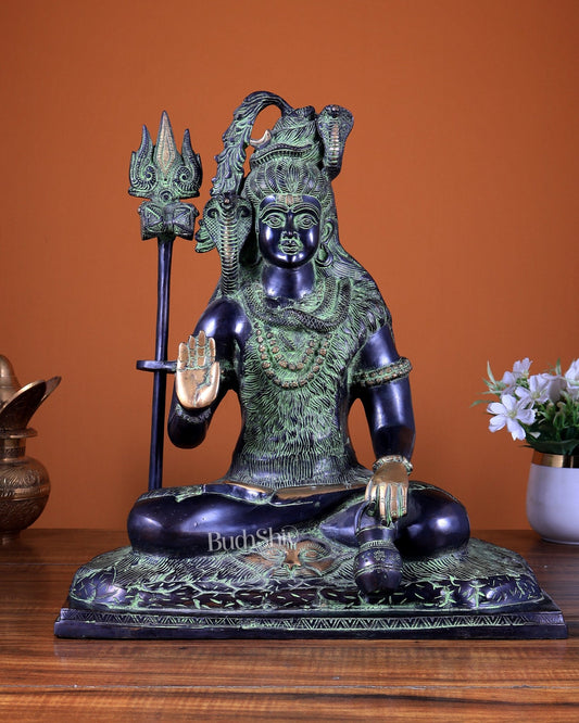 Pure Brass Lord Shiva Smiling Idol with Open Eyes 15" black green - Budhshiv.com