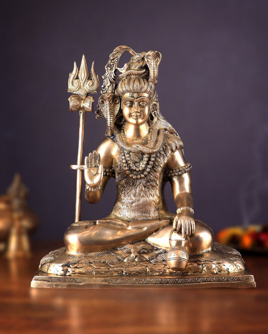 Pure Brass Lord Shiva Smiling Idol with Open Eyes 15" - Budhshiv.com