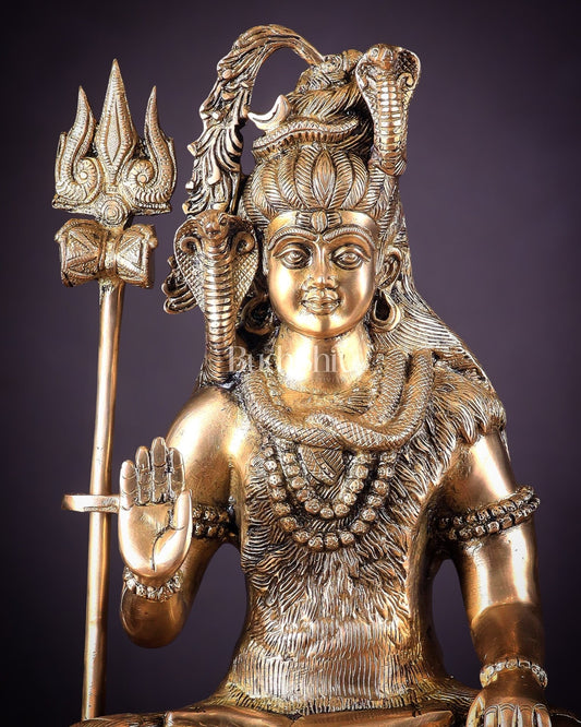 Pure Brass Lord Shiva Smiling Idol with Open Eyes 15" - Budhshiv.com