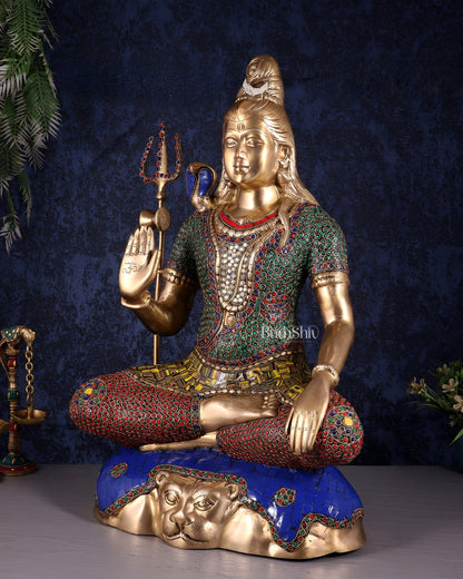 Pure Brass Lord Shiva Statue - 23" stonework - Budhshiv.com