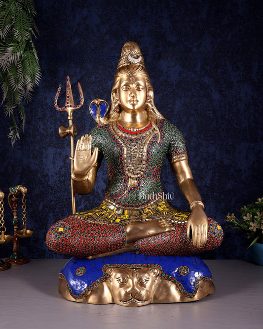 Pure Brass Lord Shiva Statue - 23" stonework - Budhshiv.com