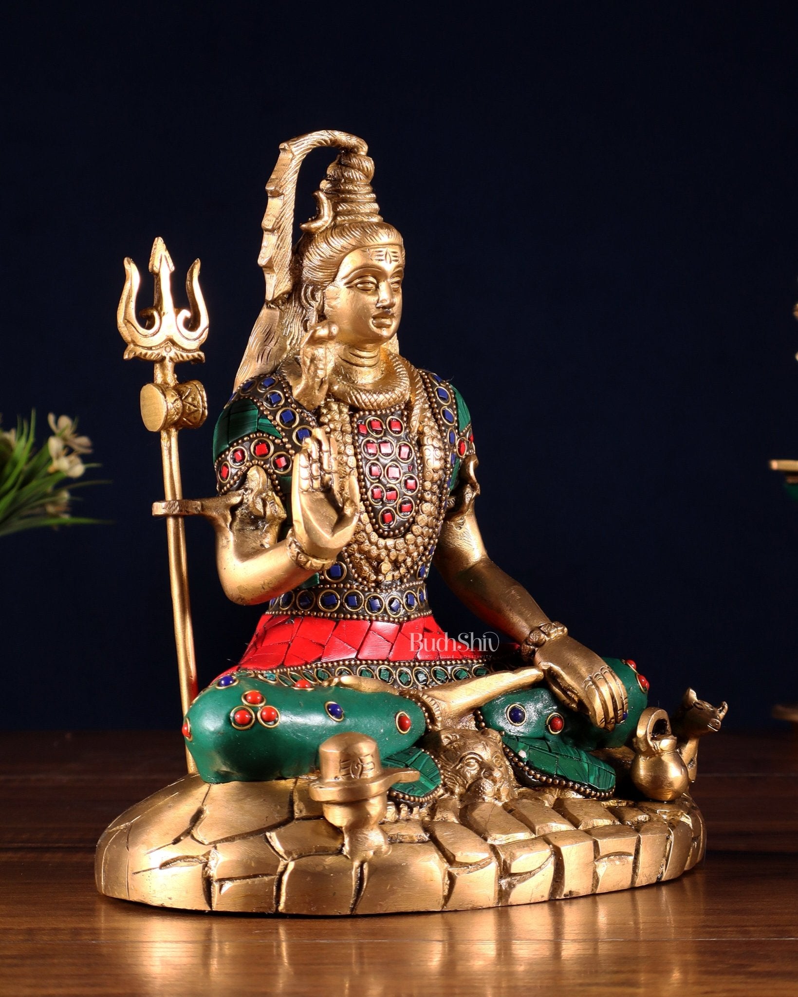 Pure Brass Lord Shiva Statue | 9 Inch meenakari Stonework - Budhshiv.com