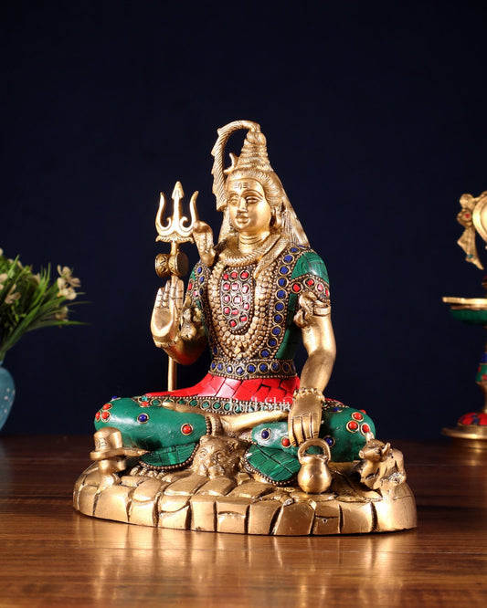 Pure Brass Lord Shiva Statue | 9 Inch meenakari Stonework - Budhshiv.com