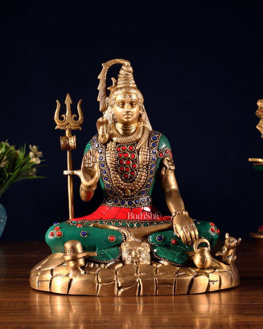 Pure Brass Lord Shiva Statue | 9 Inch meenakari Stonework - Budhshiv.com