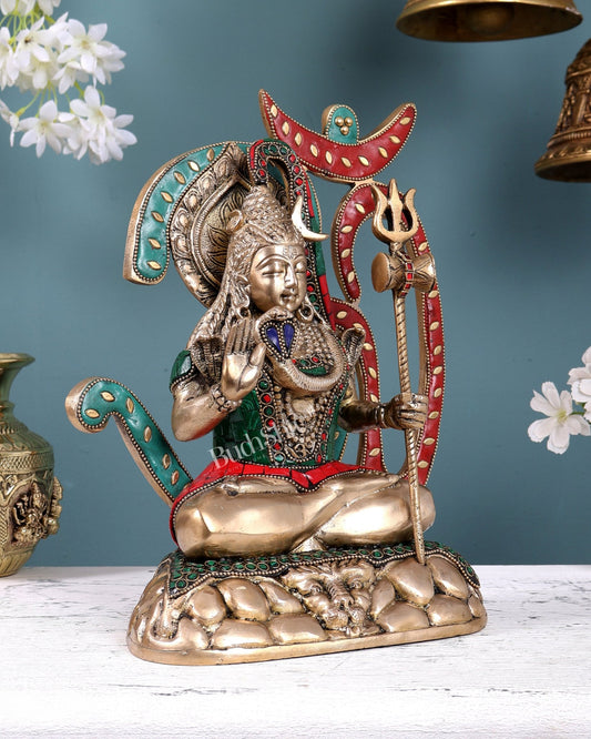 Pure Brass Lord Shiva Statue with Om Aura – 11.5" with stonework - Budhshiv.com