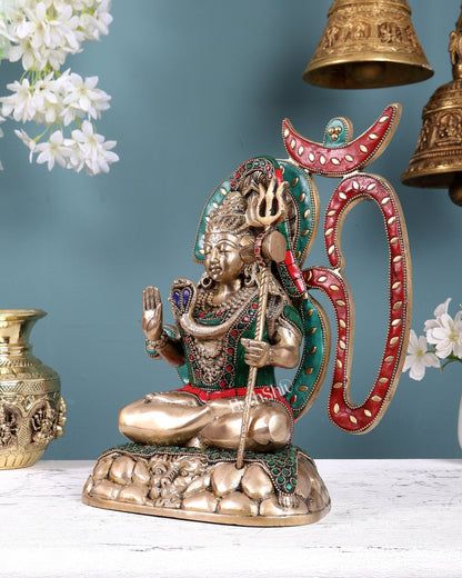 Pure Brass Lord Shiva Statue with Om Aura – 11.5" with stonework - Budhshiv.com