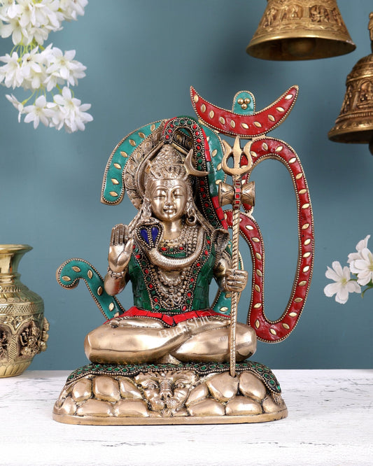 Pure Brass Lord Shiva Statue with Om Aura – 11.5" with stonework - Budhshiv.com