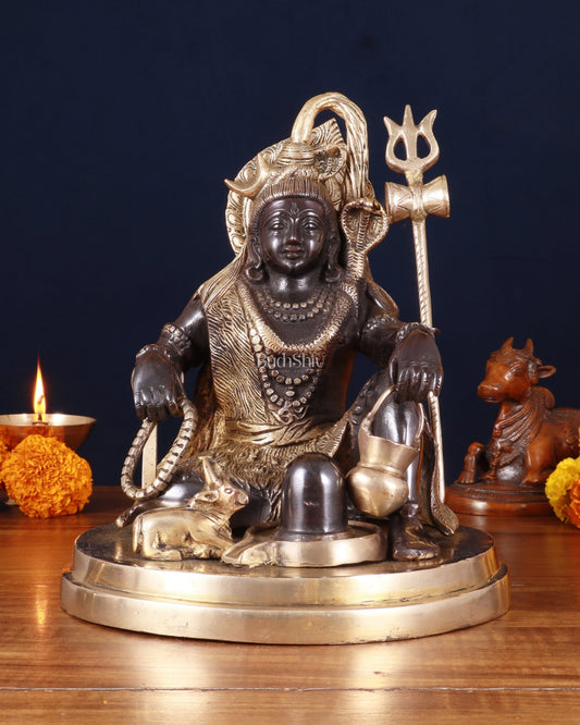 Pure Brass Lord Shiva with Nandi & Shiv Ling Statue – Black Finish, 10 Inch - Budhshiv.com