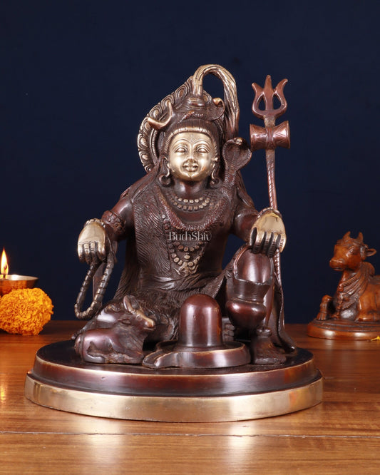 Pure Brass Lord Shiva with Nandi & Shiv Ling Statue – Brown Gold Finish, 10 Inch - Budhshiv.com