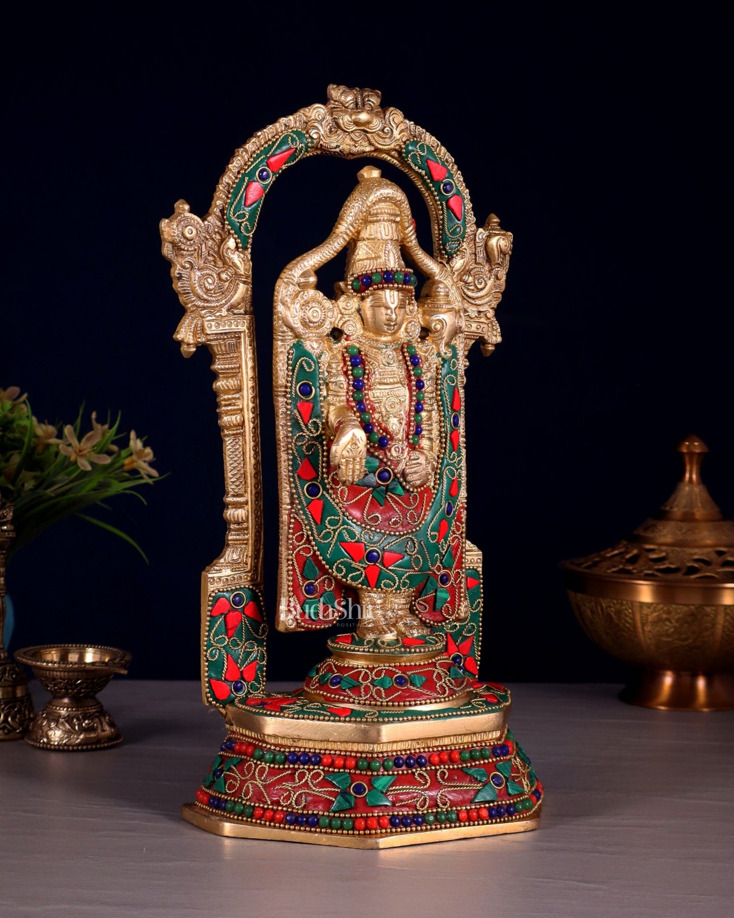 Pure Brass Lord Tirupati Balaji Statue | Height: 12 inch floral stonework - Budhshiv.com