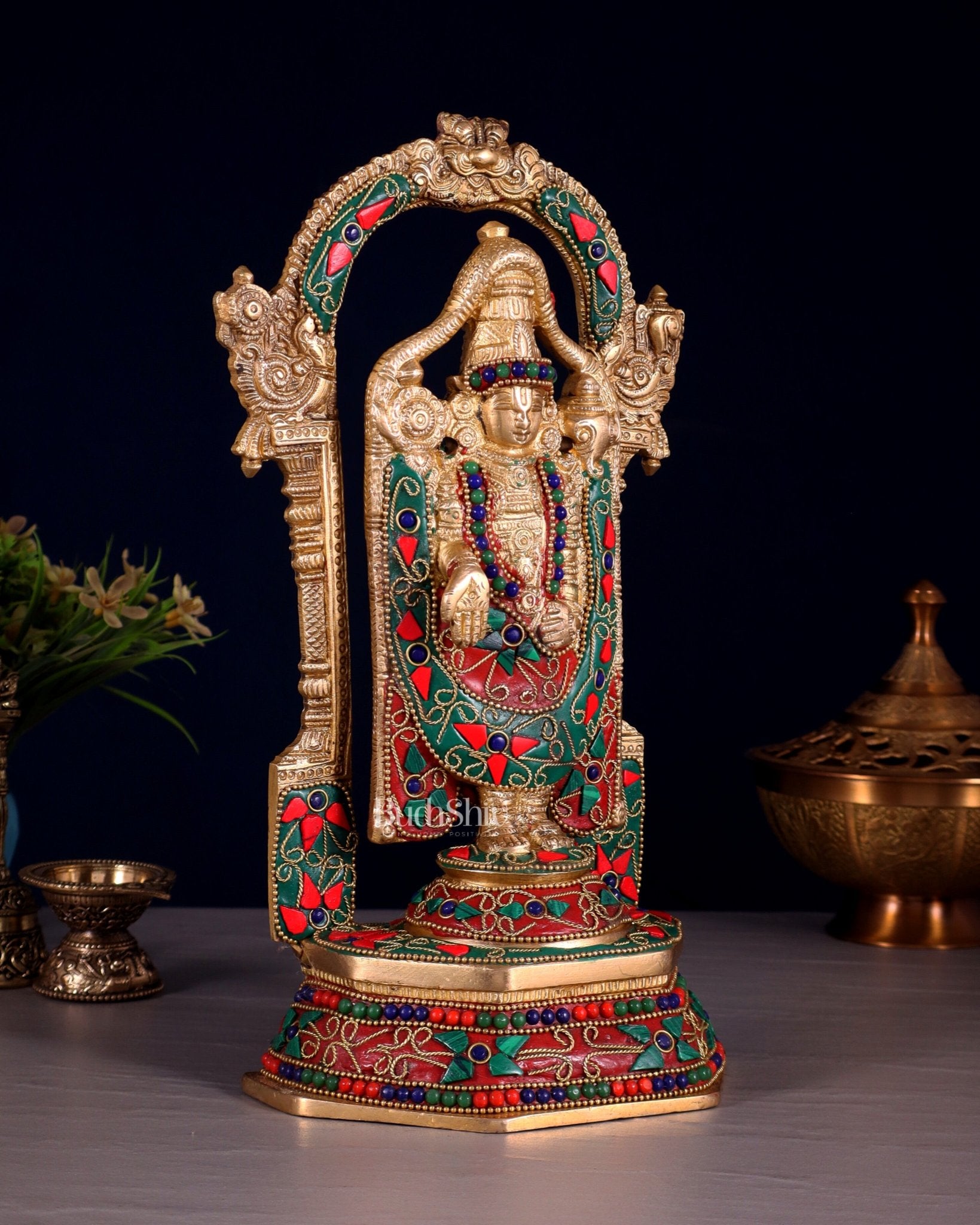 Pure Brass Lord Tirupati Balaji Statue | Height: 12 inch floral stonework - Budhshiv.com