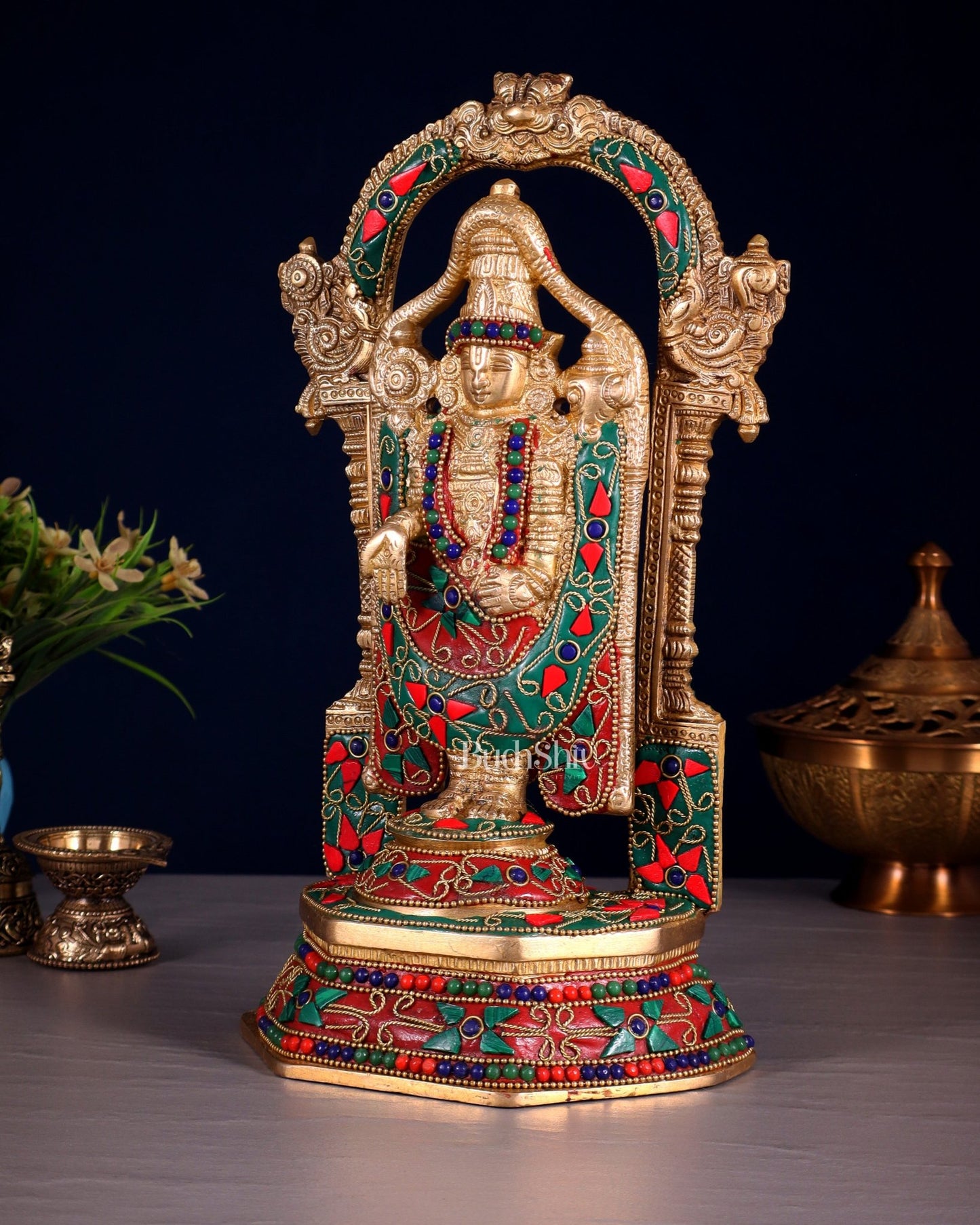 Pure Brass Lord Tirupati Balaji Statue | Height: 12 inch floral stonework - Budhshiv.com