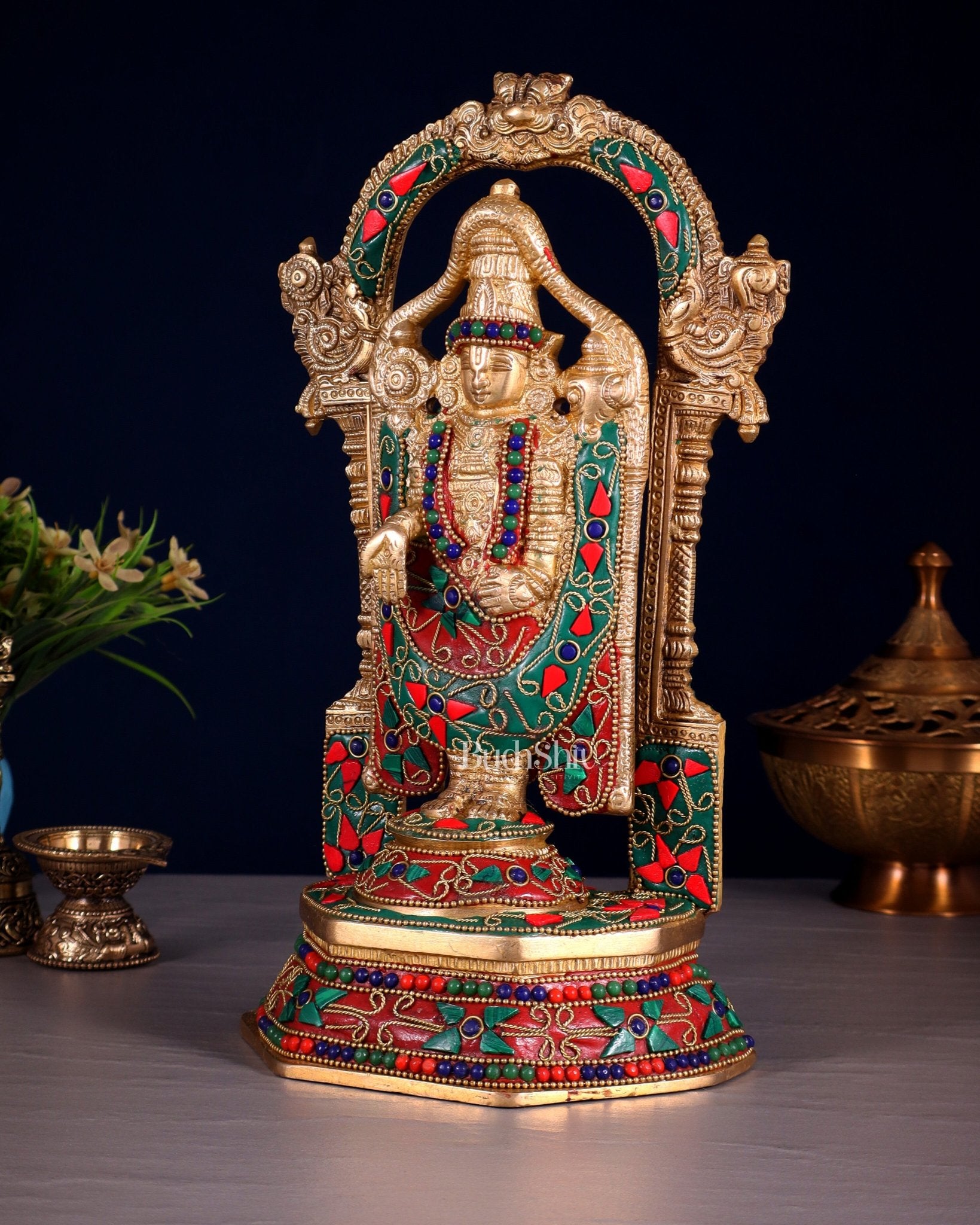Pure Brass Lord Tirupati Balaji Statue | Height: 12 inch floral stonework - Budhshiv.com