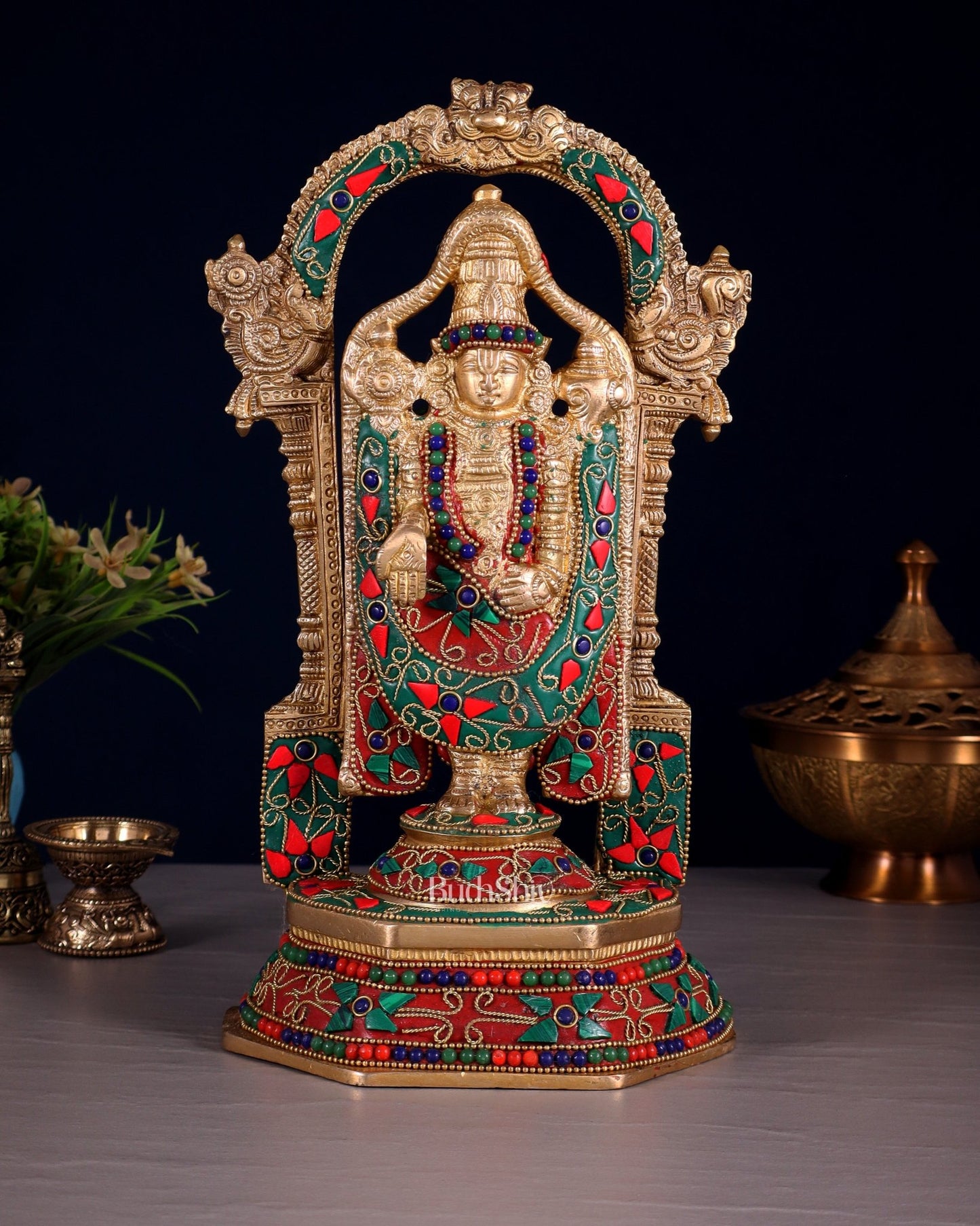 Pure Brass Lord Tirupati Balaji Statue | Height: 12 inch floral stonework - Budhshiv.com
