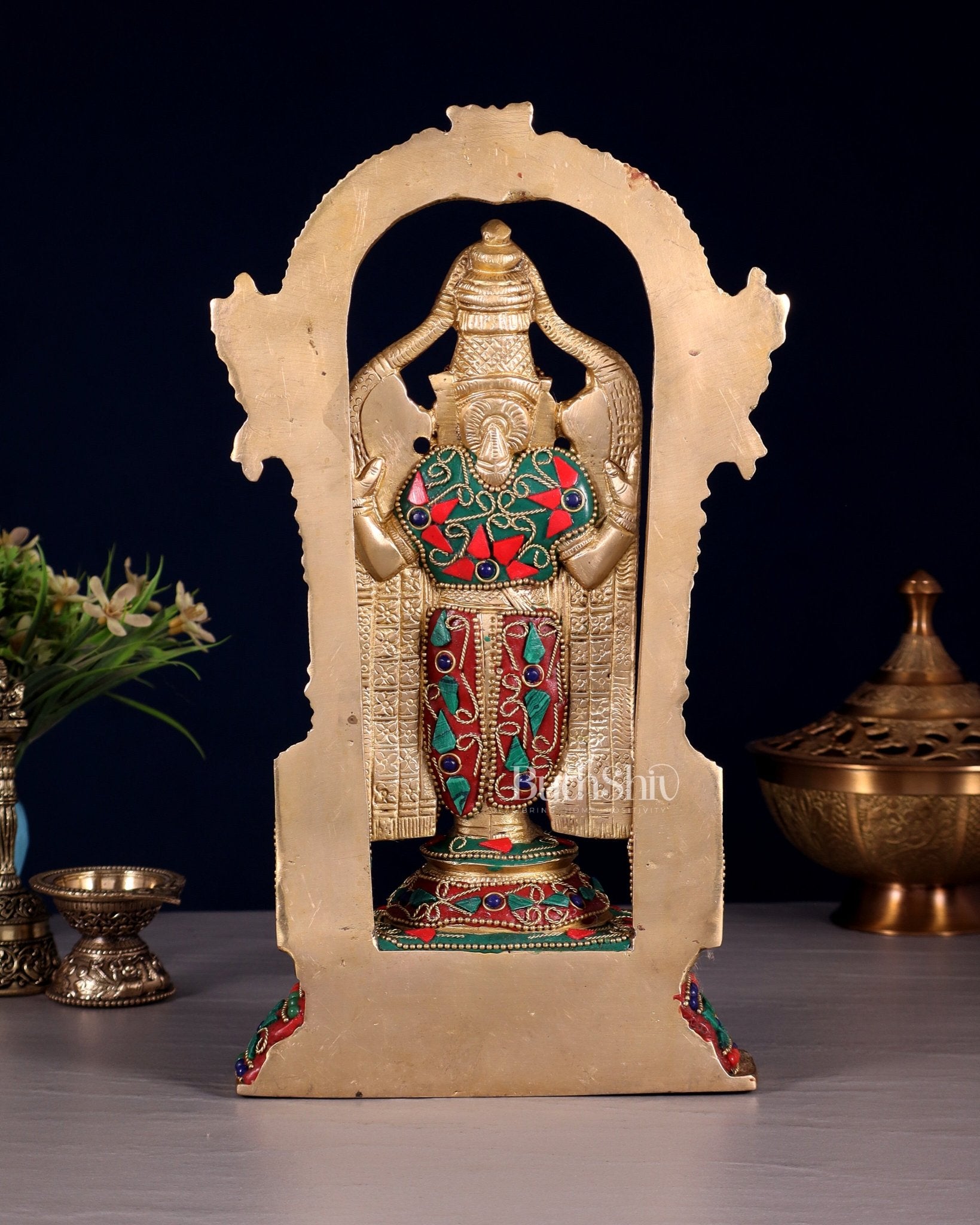 Pure Brass Lord Tirupati Balaji Statue | Height: 12 inch floral stonework - Budhshiv.com