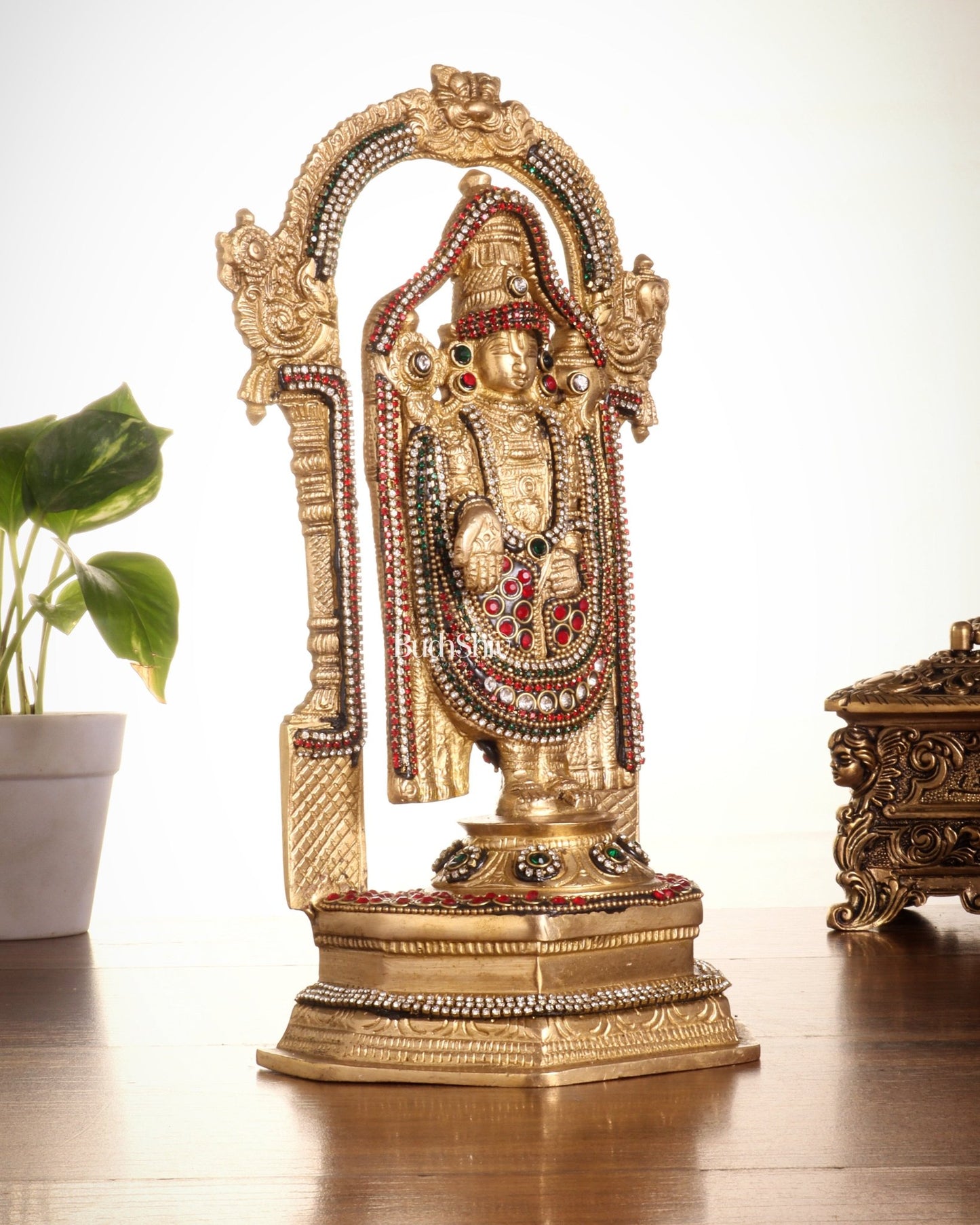 Pure Brass Lord Tirupati Balaji Statue | Height: 12 inch jewellers stonework - Budhshiv.com