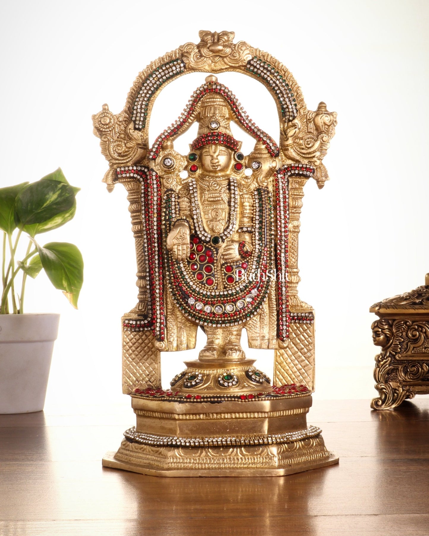 Pure Brass Lord Tirupati Balaji Statue | Height: 12 inch jewellers stonework - Budhshiv.com