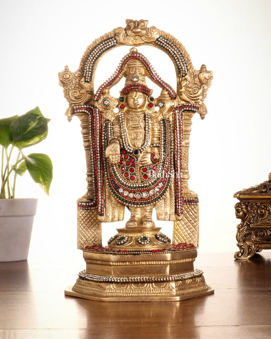 Pure Brass Lord Tirupati Balaji Statue | Height: 12 inch jewellers stonework - Budhshiv.com