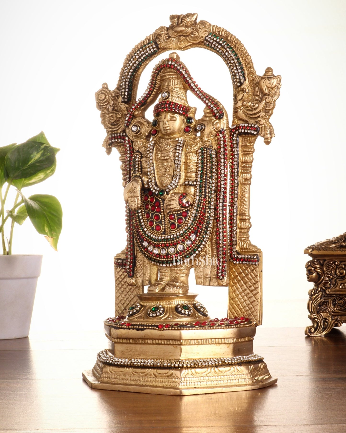 Pure Brass Lord Tirupati Balaji Statue | Height: 12 inch jewellers stonework - Budhshiv.com