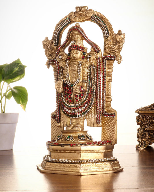 Pure Brass Lord Tirupati Balaji Statue | Height: 12 inch jewellers stonework - Budhshiv.com