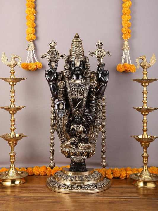 Pure Brass Lord Tirupati Balaji Statue with Goddess Padmavathi Engraved - 34.5 Inch - Budhshiv.com