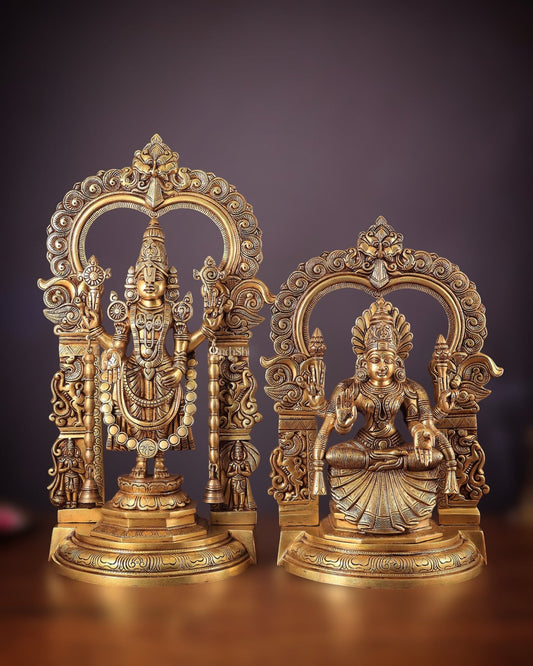 Pure Brass Lord Tirupati Balaji Venkateshwara Swamy with Goddess Padmavathi Thayar Idol Set - 22" - Budhshiv.com
