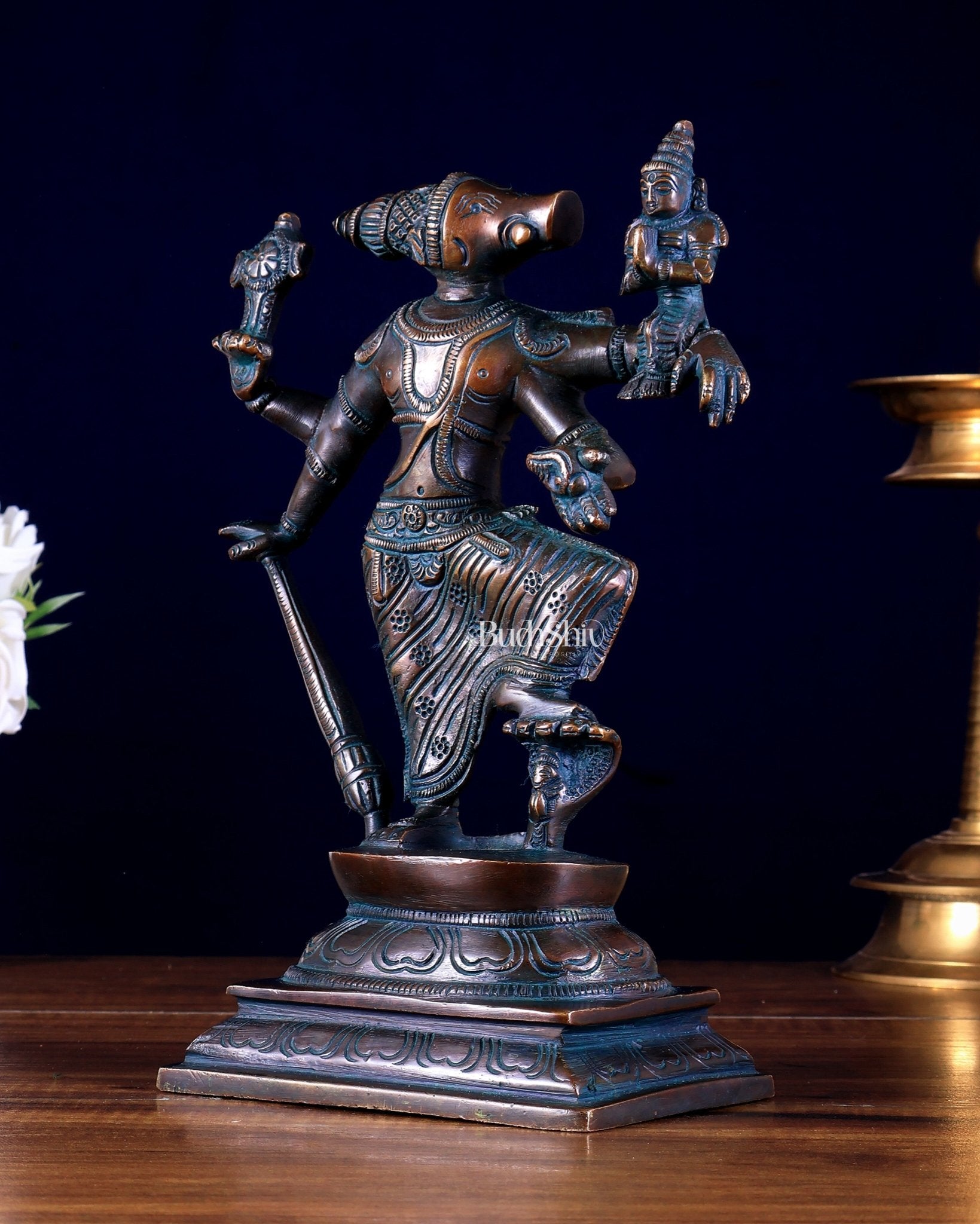 Pure Brass Lord Varaha with Lakshmi Bhumi Devi – 8.5 inch - Budhshiv.com