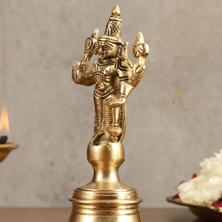 Pure Brass Lord Vishnu Hand Bell - 6.5 in Height - Budhshiv.com