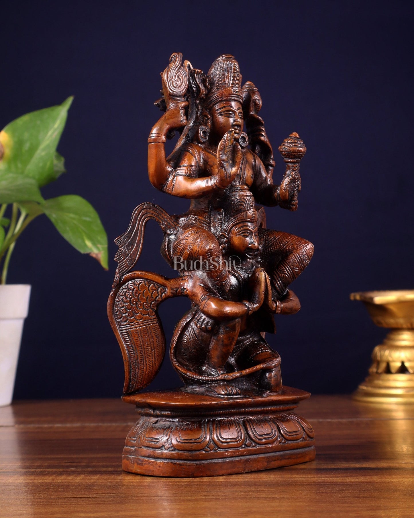 Pure Brass Lord Vishnu Seated on Garuda Statue - 8 inch - Budhshiv.com