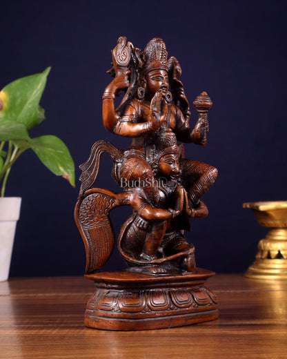 Pure Brass Lord Vishnu Seated on Garuda Statue - 8 inch - Budhshiv.com