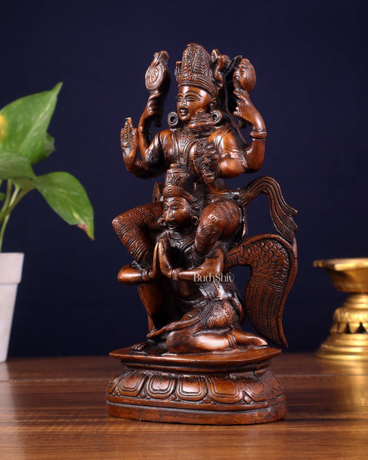 Pure Brass Lord Vishnu Seated on Garuda Statue - 8 inch - Budhshiv.com