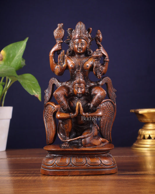 Pure Brass Lord Vishnu Seated on Garuda Statue - 8 inch - Budhshiv.com