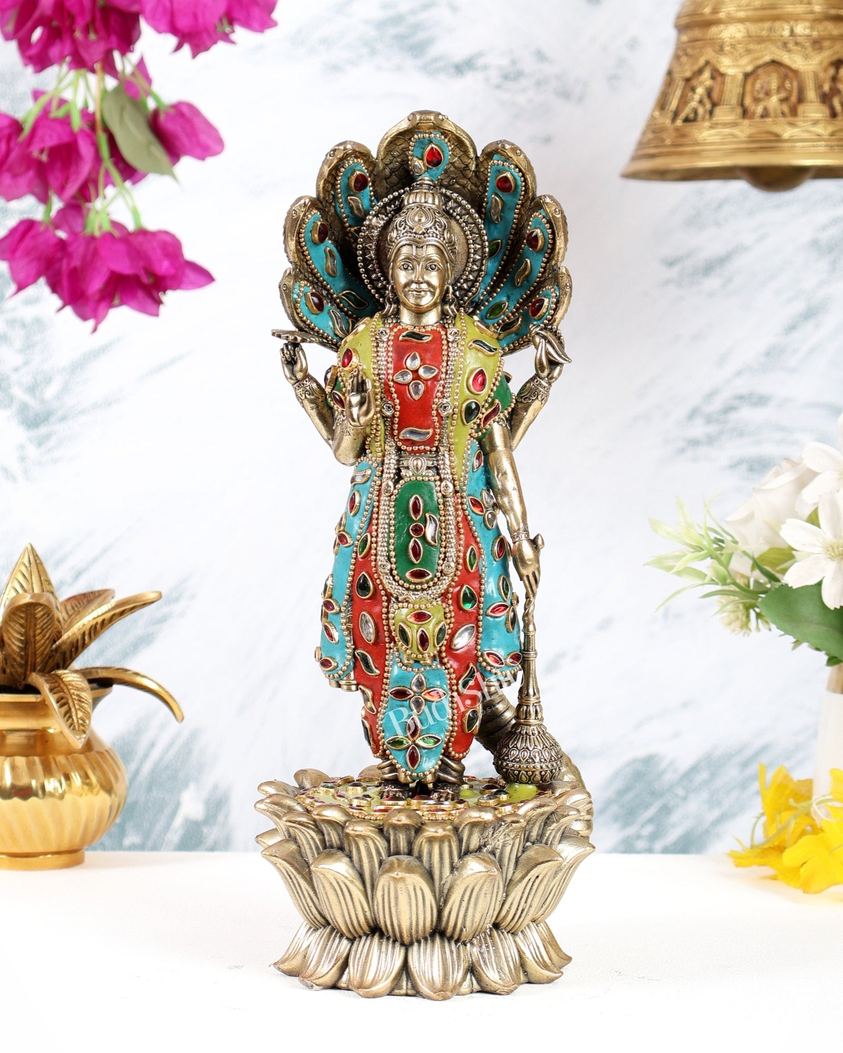 Pure Brass Lord Vishnu Standing with Sheshanaag 11.5 inch with meenakari - Budhshiv.com
