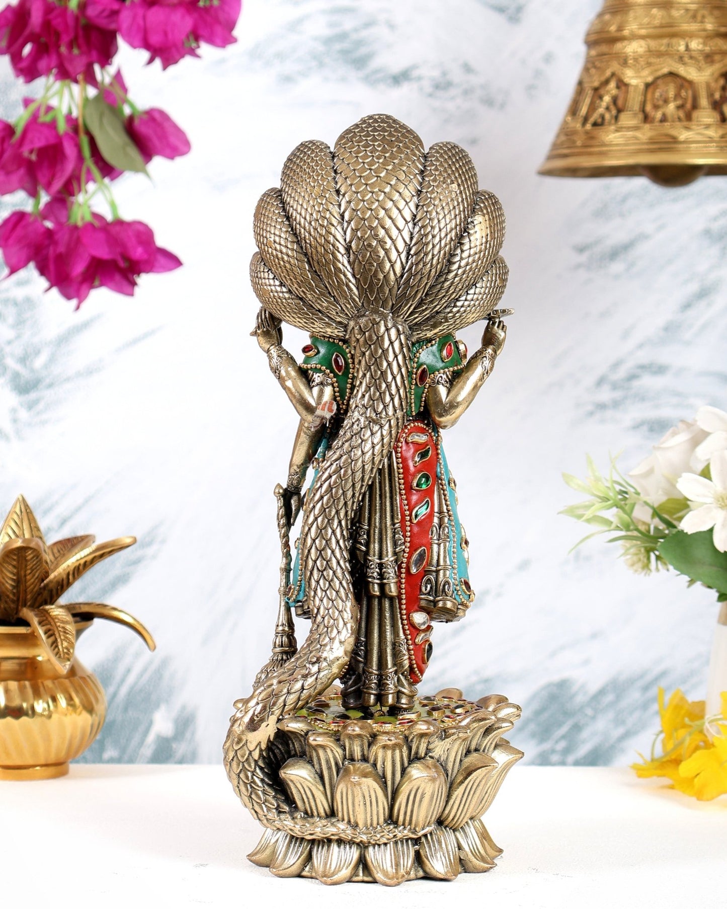 Pure Brass Lord Vishnu Standing with Sheshanaag 11.5 inch with meenakari - Budhshiv.com
