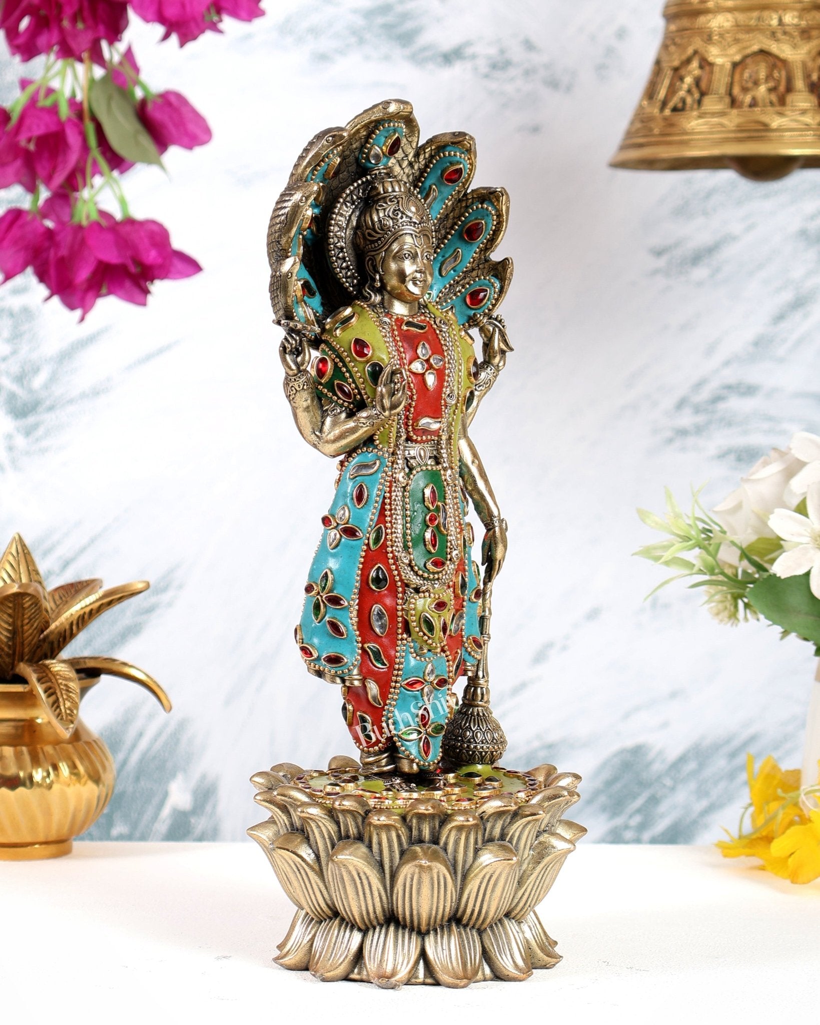 Pure Brass Lord Vishnu Standing with Sheshanaag 11.5 inch with meenakari - Budhshiv.com